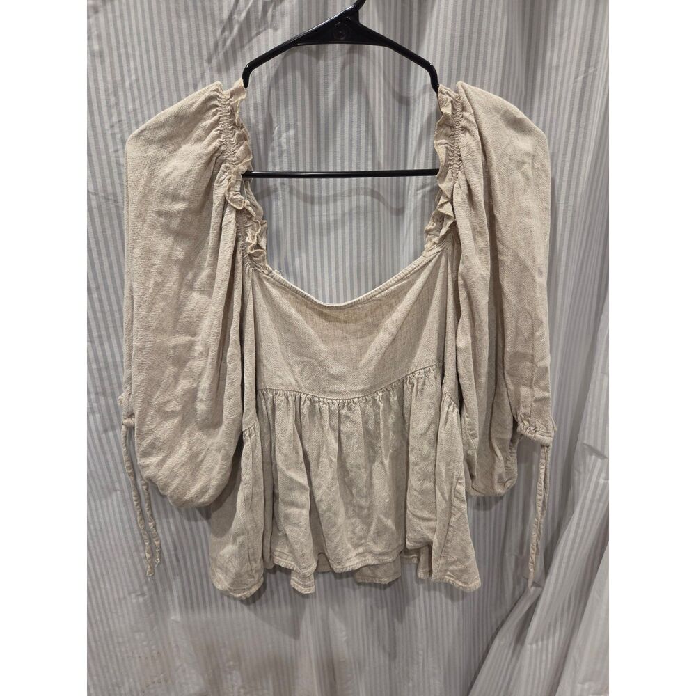 Grace + Karma Beige Linen Blend Puff Sleeve Peasant Top M Boho Cottagecore